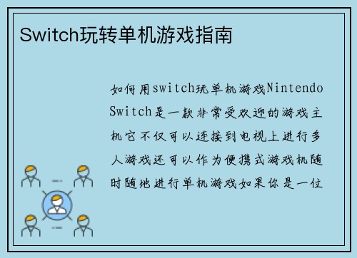 Switch玩转单机游戏指南