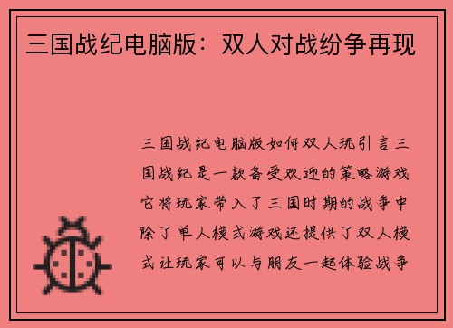 三国战纪电脑版：双人对战纷争再现